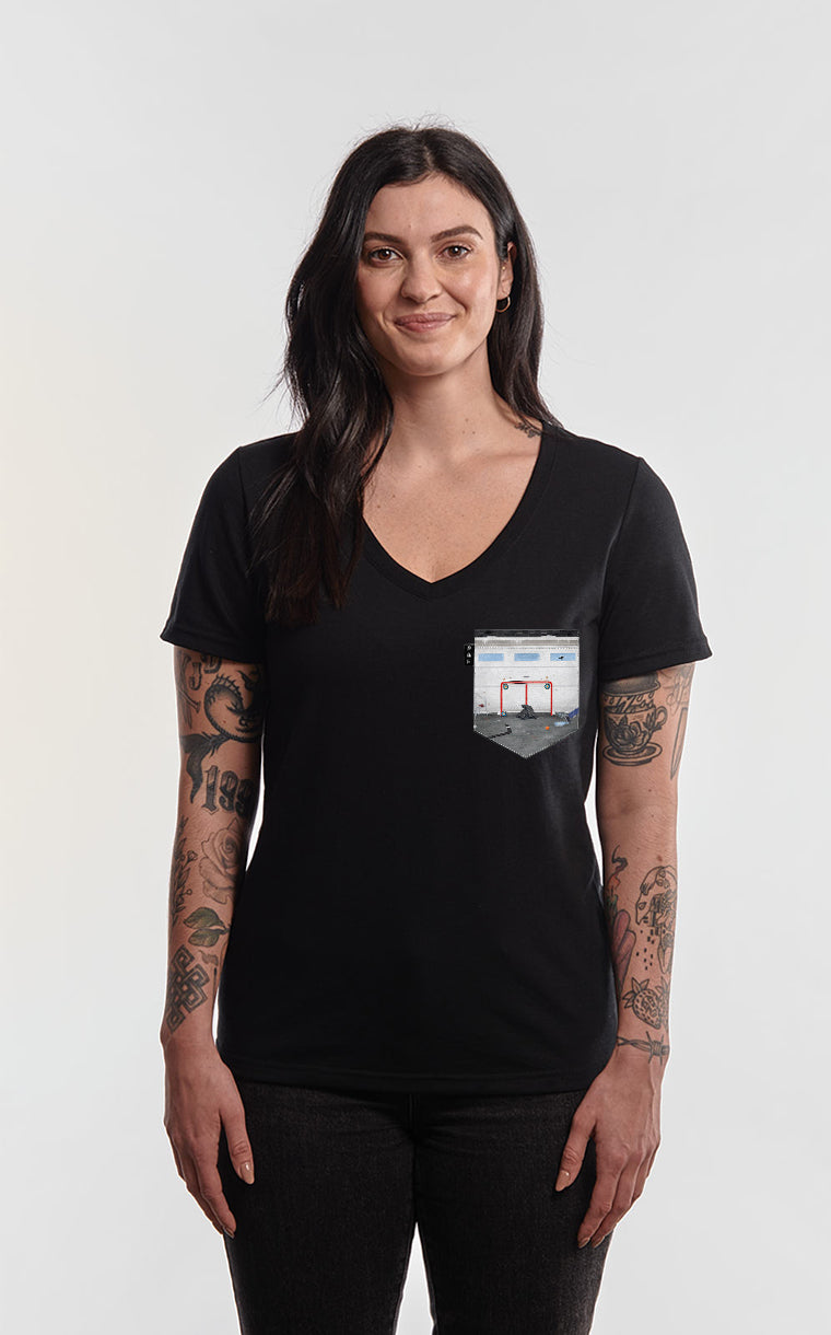 Col en V semi-ajusté à poche pour femme avec poche Hockey Google ^