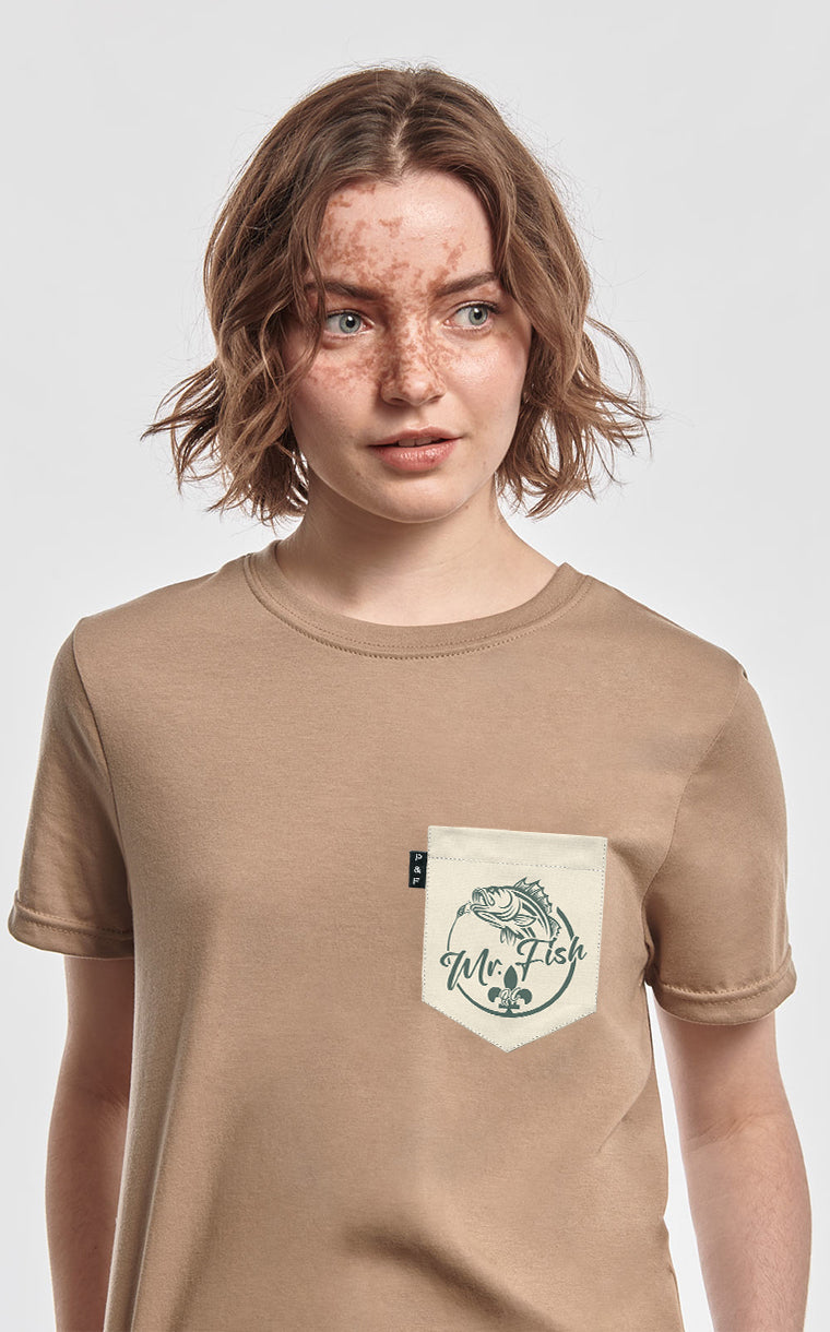 Boyfriend cut t-shirt with pocket Mr Fish Beige