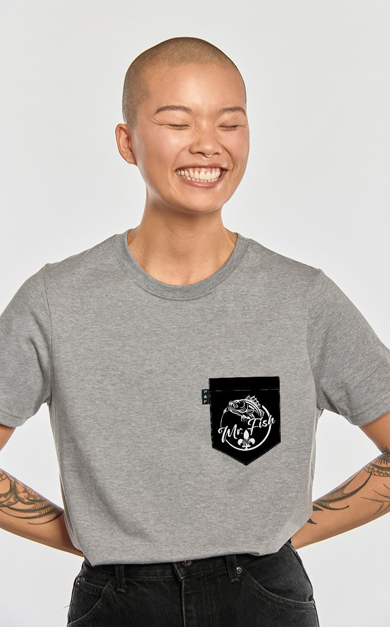 T-shirt coupe Boyfriend à poche pour femme avec poche Mr Fish Noir ^ 