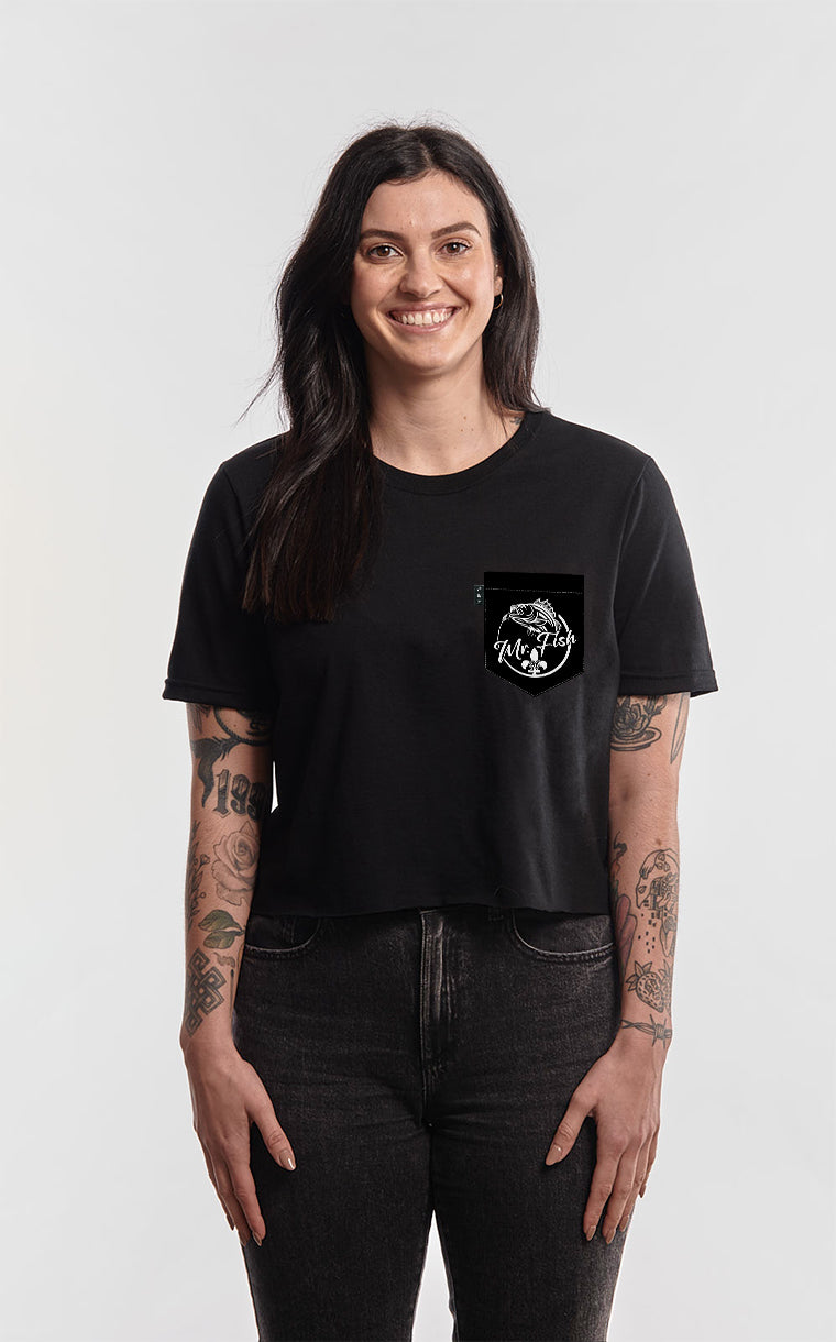 T-shirt « crop top » à poche pour femme avec poche Mr Fish Noir ^ 