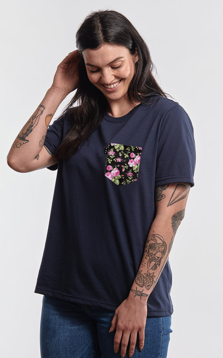 Boyfriend Fit T-Shirt with Roses Pocket