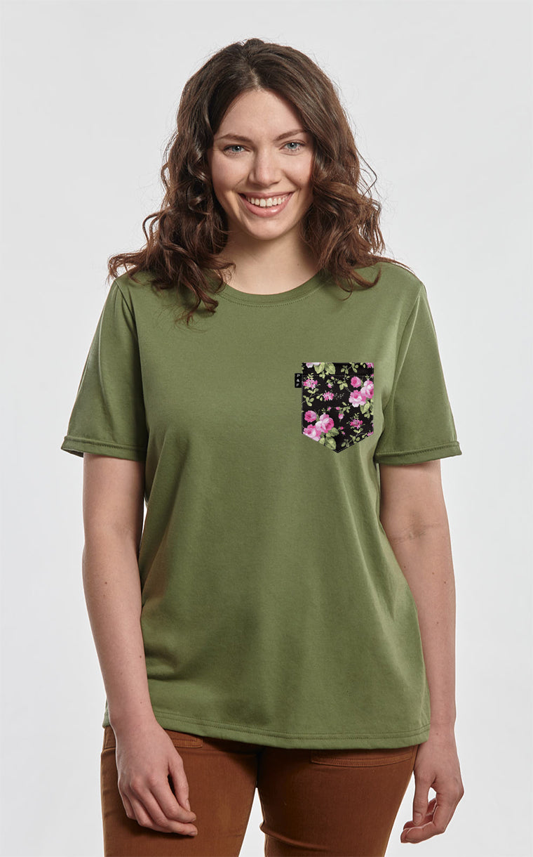 Boyfriend Fit T-Shirt with Roses Pocket