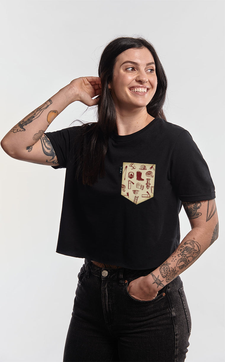 T-shirt « crop top » à poche pour femme avec poche En feu pour la cause ^ 