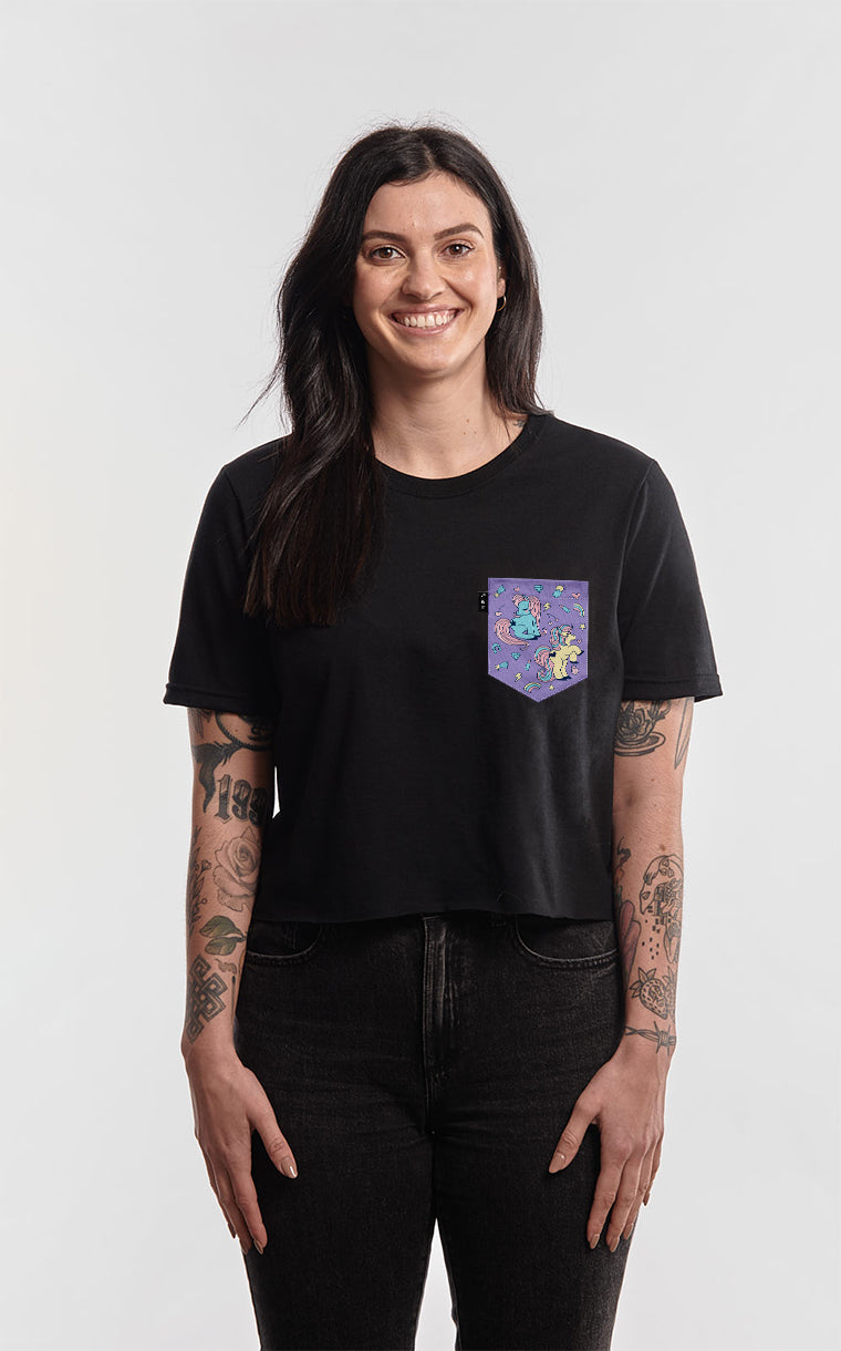 T-shirt « crop top » à poche pour femme avec poche Caca papillon ^ 