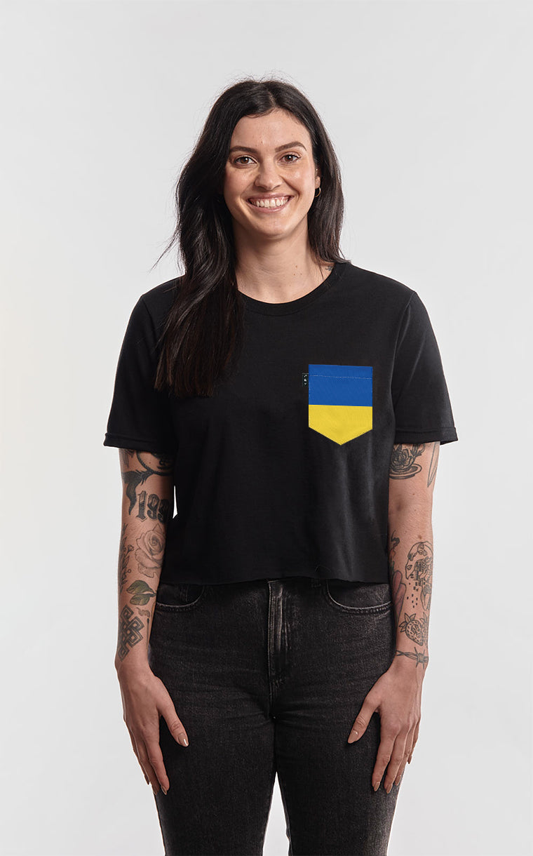 T-shirt « crop top » à poche pour femme avec poche Couleurs de l'Ukraine ^ 