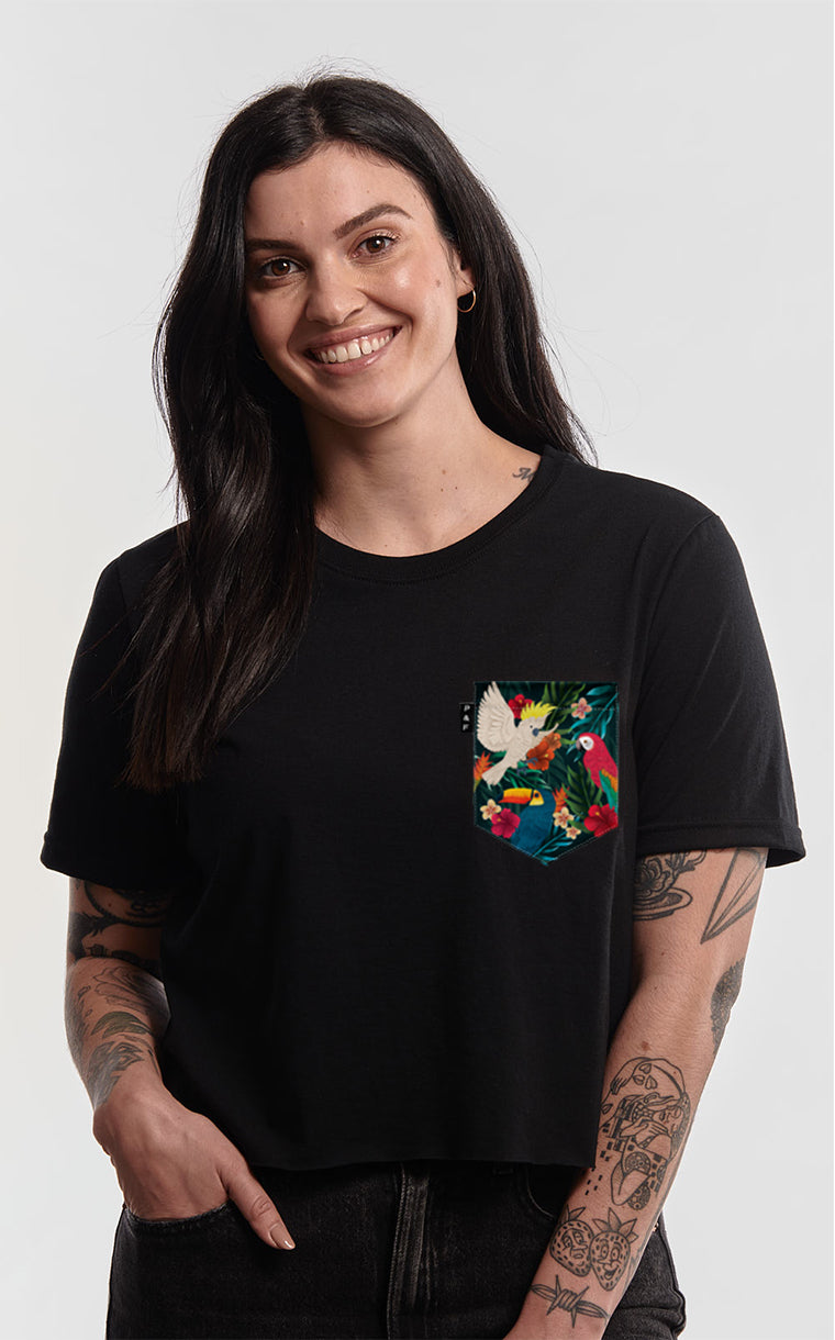 T-shirt « crop top » à poche pour femme avec poche King Toucan-Khamon ^ 