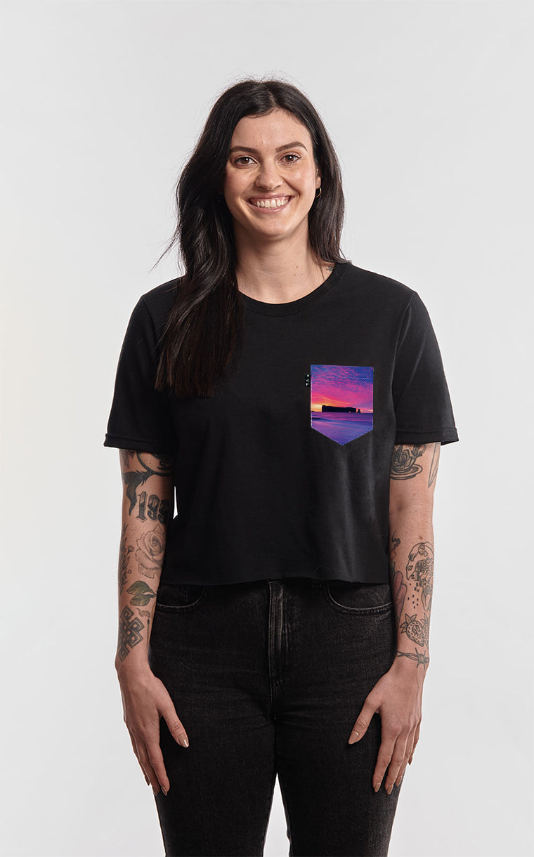 T-shirt « crop top » à poche pour femme avec poche Pierre Trouée ^ 