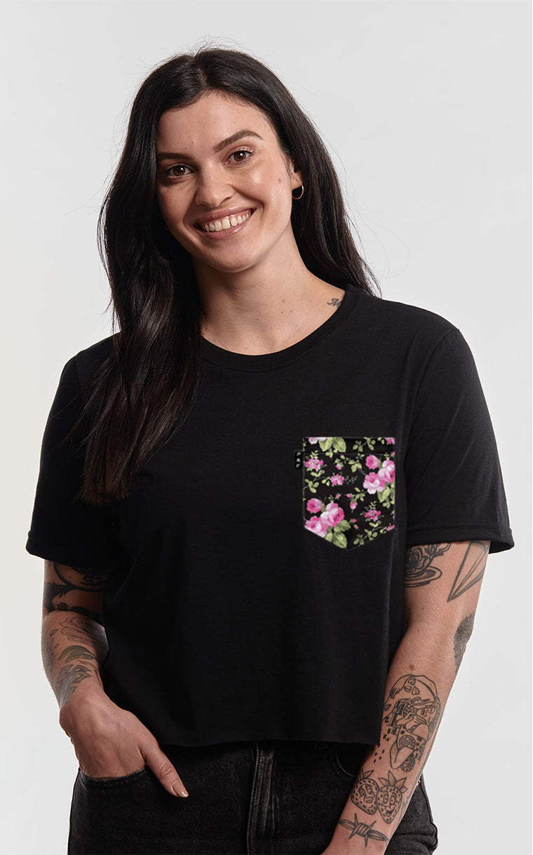 T-shirt « crop top » à poche pour femme avec poche Roses ^ 