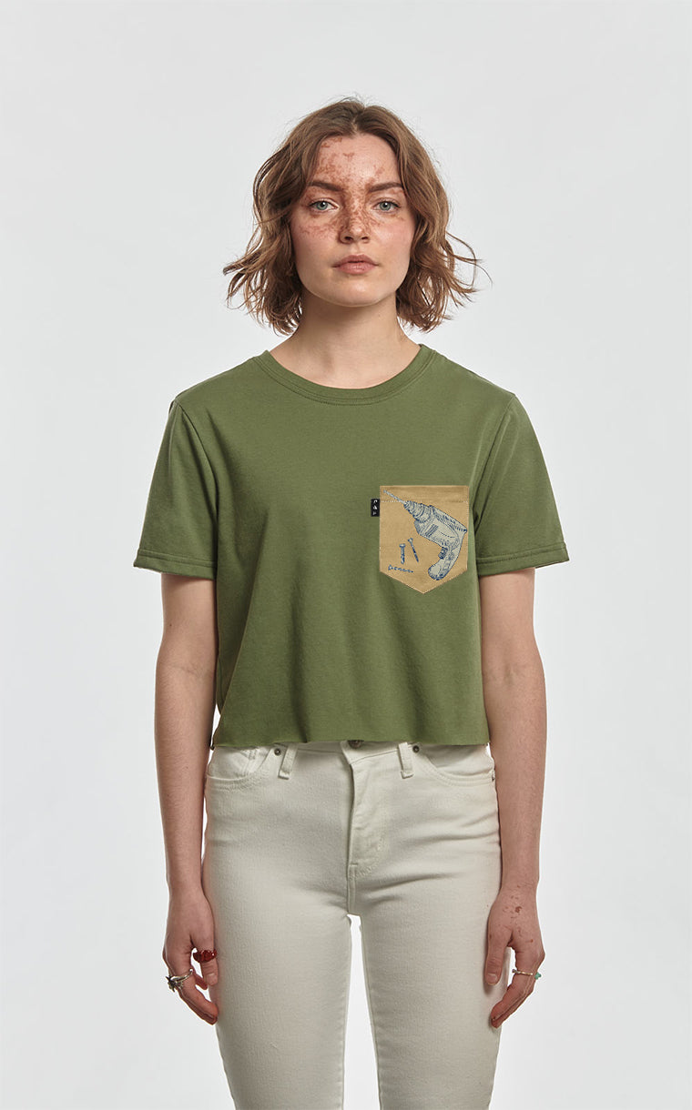 Pocket Crop Top T-Shirt With Drill